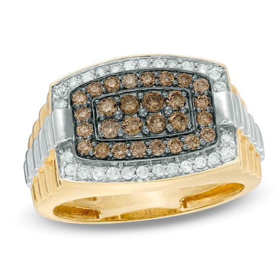 Previously Owned - Men's 1 CT. T.w. Champagne and White Diamond Tonneau-Shaped Ring in 10K Gold