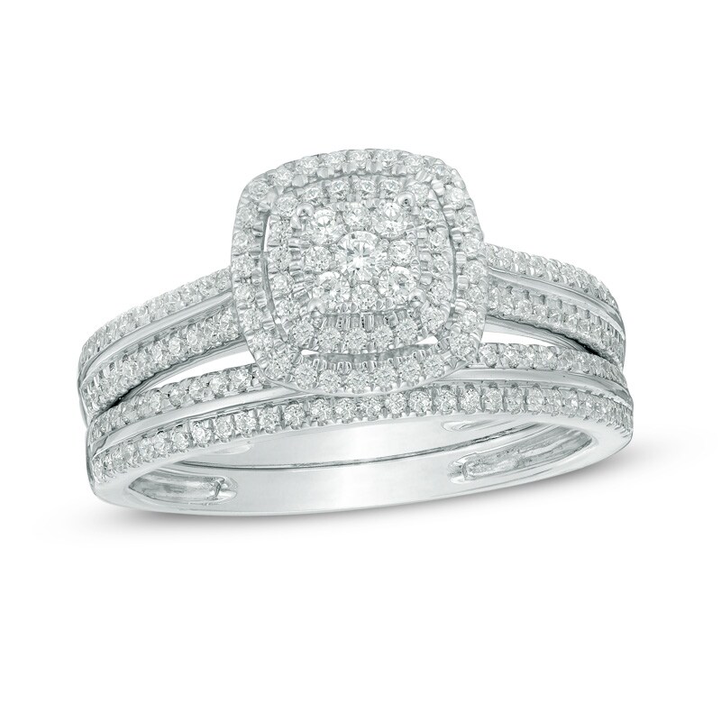 Main Image 1 of Previously Owned - 1/2 CT. T.W. Composite Diamond Double Square Frame Bridal Set in 10K White Gold