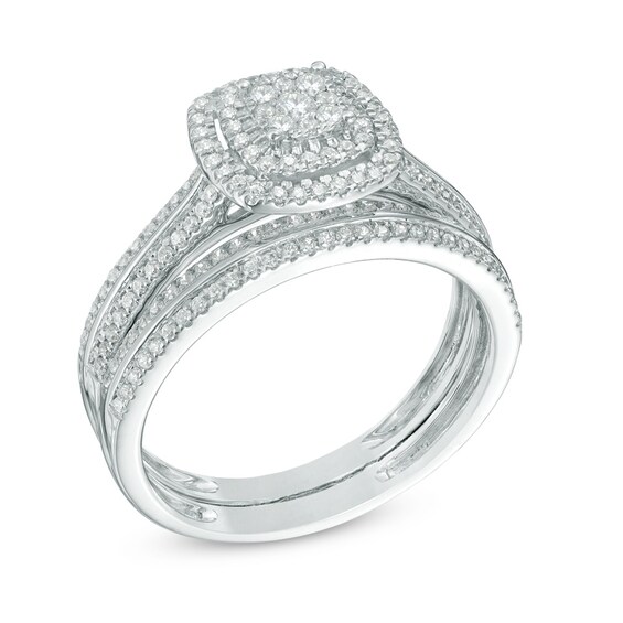Previously Owned - 1/2 CT. T.w. Composite Diamond Double Square Frame Bridal Set in 10K White Gold