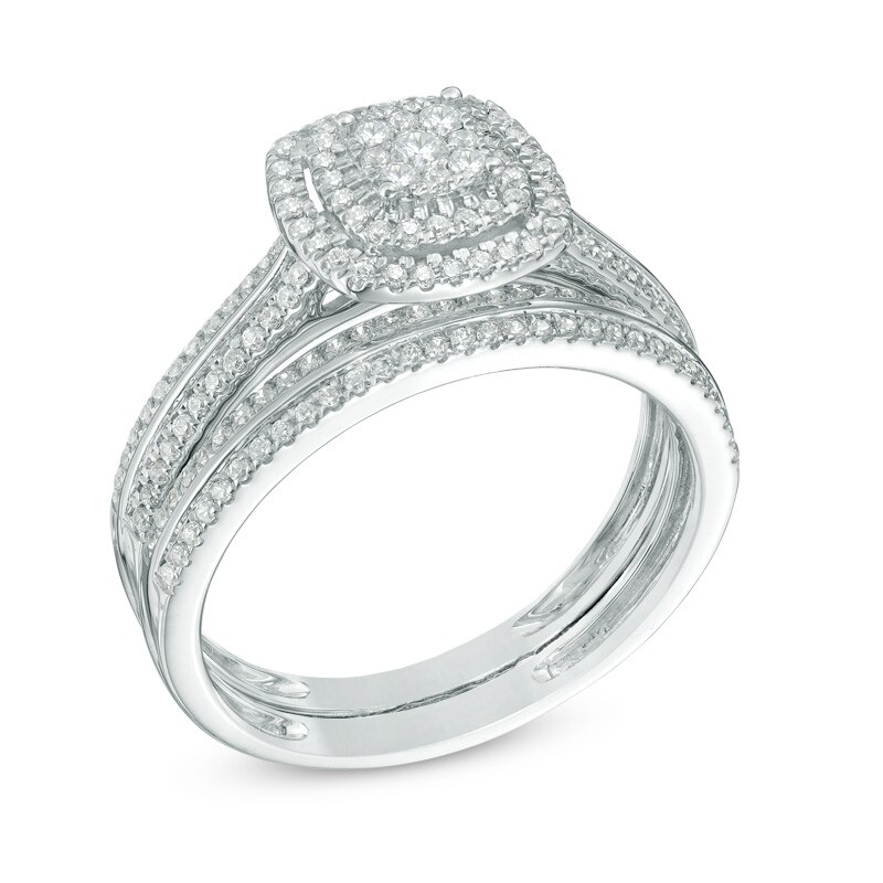Main Image 2 of Previously Owned - 1/2 CT. T.W. Composite Diamond Double Square Frame Bridal Set in 10K White Gold