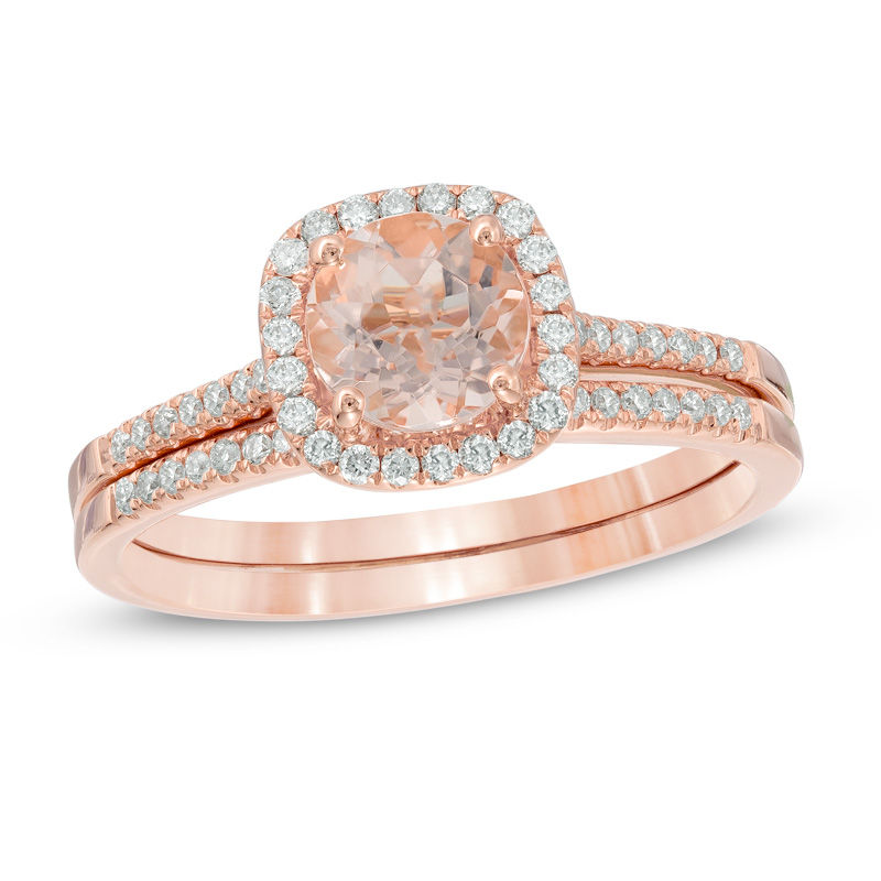 Previously Owned - Your Stone Your Story™ 6.0mm Morganite and 1/4 CT. T.W. Diamond Frame Bridal Set in 14K Rose Gold