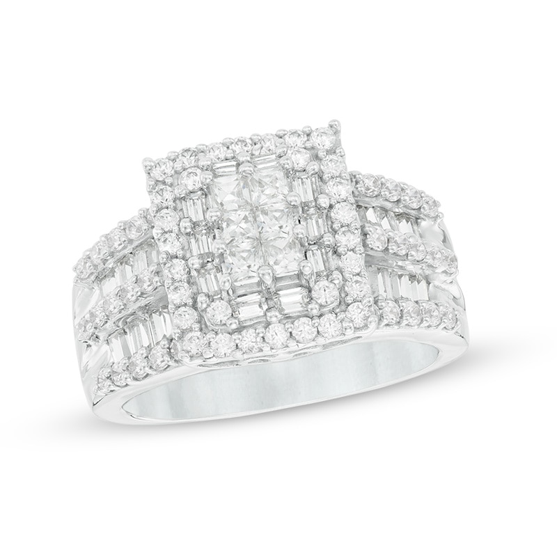 Previously Owned - 1-1/2 CT. T.W. Square Composite Diamond Frame Two Row Engagement Ring in 14K White Gold