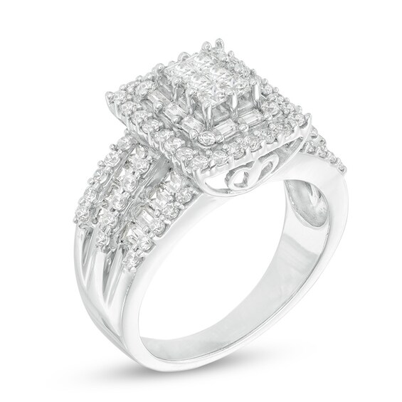 Previously Owned - 1-1/2 CT. T.w. Square Composite Diamond Frame Two Row Engagement Ring in 14K White Gold