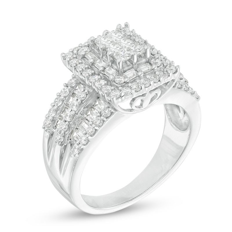 Previously Owned - 1-1/2 CT. T.W. Square Composite Diamond Frame Two Row Engagement Ring in 14K White Gold