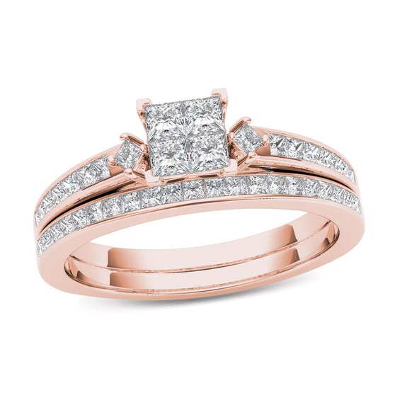 Previously Owned - 1 CT. T.w. Quad Princess-Cut Diamond Bridal Set in 14K Rose Gold