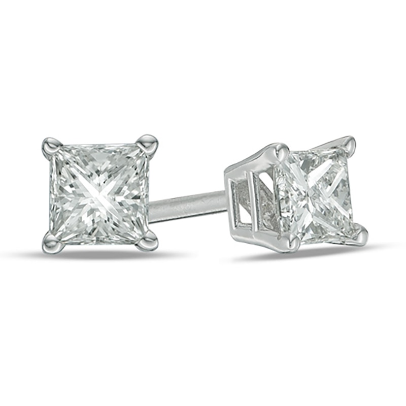 Main Image 1 of Previously Owned - 1/3 CT. T.W. Princess-Cut Diamond Solitaire Stud Earrings in 14K White Gold