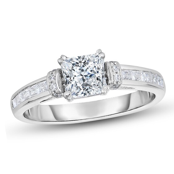 Previously Owned - 1-1/6 CT. T.w. Princess-Cut Diamond Collar Engagement Ring in 14K White Gold