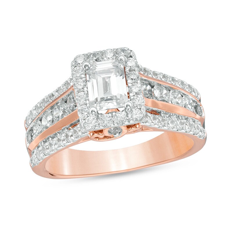 Main Image 1 of Previously Owned - 2 CT. T.W. Emerald-Cut Diamond Frame Engagement Ring in 14K Rose Gold (I/SI2)