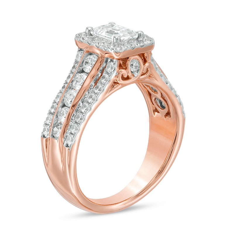 Main Image 2 of Previously Owned - 2 CT. T.W. Emerald-Cut Diamond Frame Engagement Ring in 14K Rose Gold (I/SI2)