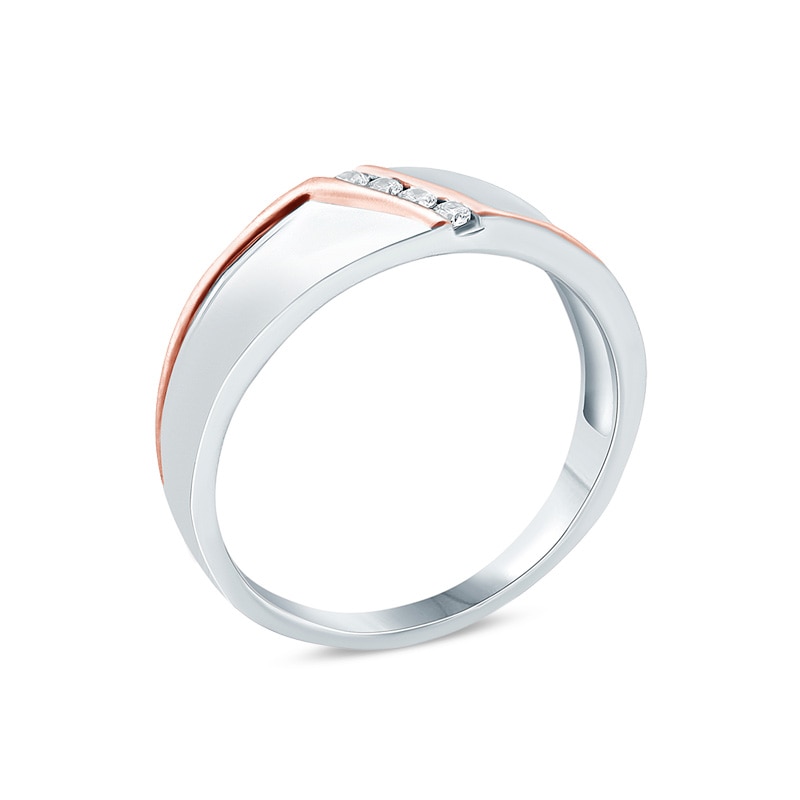 Main Image 2 of Previously Owned - 1/10 CT. T.W. Diamond Four Stone Slant Bypass Stripe Wedding Band in 10K Two-Tone Gold