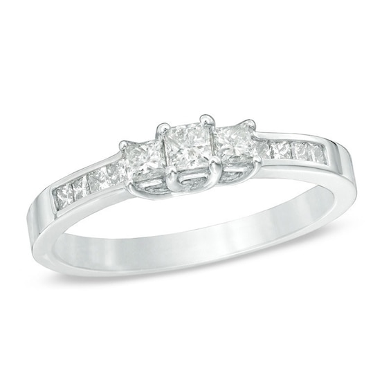 Previously Owned - 1/2 CT. T.w. Princess-Cut Diamond Three Stone Engagement Ring in 10K White Gold