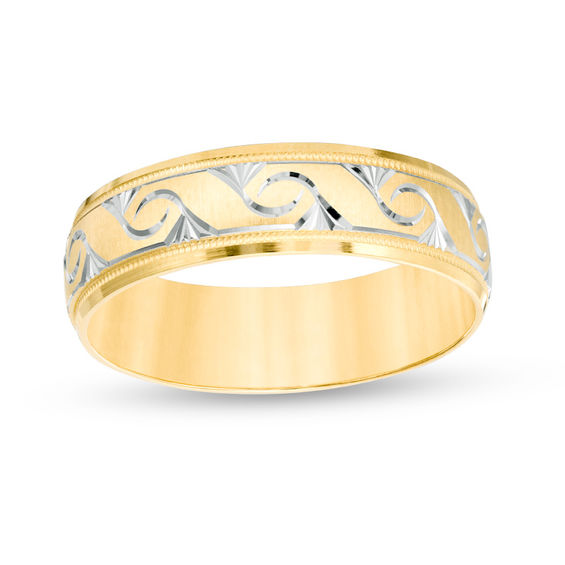 Previously Owned - 6.0mm Comfort-Fit Diamond-Cut Swirl Milgrain Edge Wedding Band in 10K Gold with White Rhodium