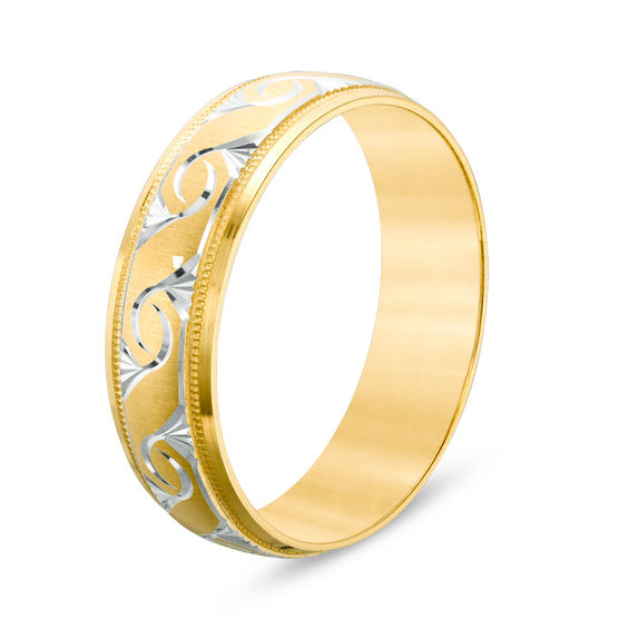 Previously Owned - 6.0mm Comfort-Fit Diamond-Cut Swirl Milgrain Edge Wedding Band in 10K Gold with White Rhodium