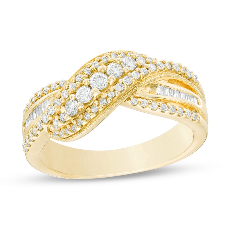 Previously Owned - 1/2 CT. T.W. Baguette and Round Diamond Crossover Vintage-Style Ring in 10K Gold