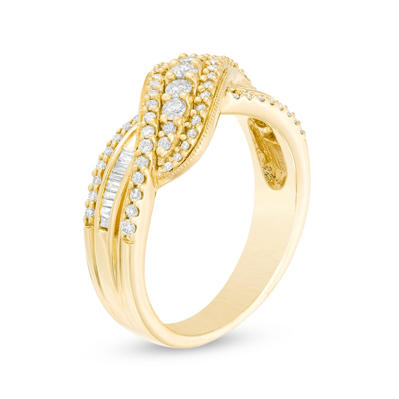 Main Image 2 of Previously Owned - 1/2 CT. T.W. Baguette and Round Diamond Crossover Vintage-Style Ring in 10K Gold