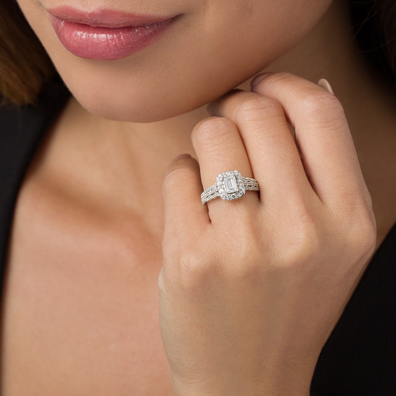 Main Image 3 of Previously Owned - Love's Destiny by Zales 1 CT. T.W. Emerald-Cut Diamond Frame Engagement Ring in 14K Two-Tone Gold