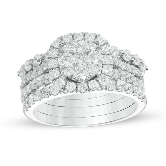 Previously Owned - 2 CT. T.w. Composite Diamond Cushion Frame Three Piece Bridal Set in 14K White Gold