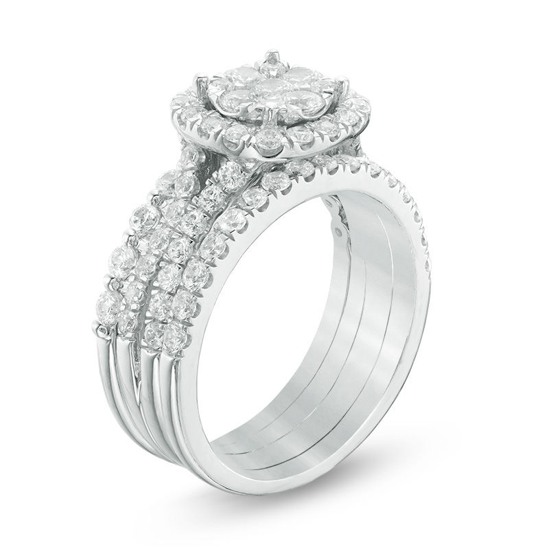 Previously Owned - 2 CT. T.W. Composite Diamond Cushion Frame Three Piece Bridal Set in 14K White Gold