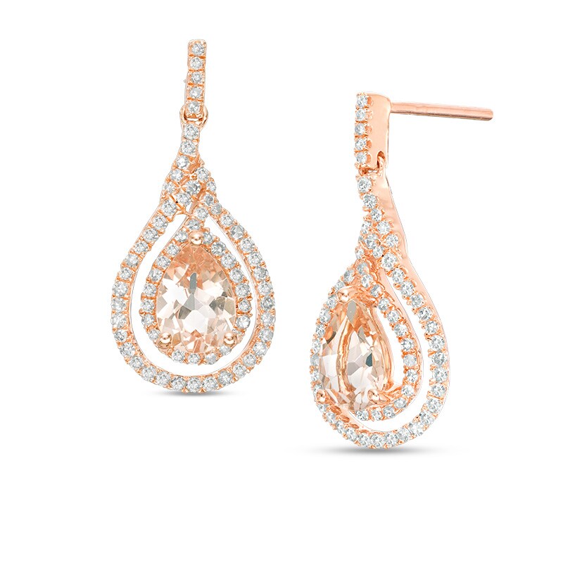 Main Image 1 of Previously Owned - Pear-Shaped Morganite and 3/8 CT. T.W. Diamond Double Twist Frame Drop Earrings in 10K Rose Gold