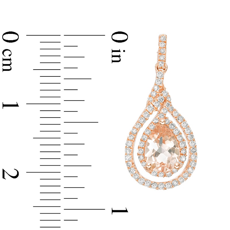 Main Image 2 of Previously Owned - Pear-Shaped Morganite and 3/8 CT. T.W. Diamond Double Twist Frame Drop Earrings in 10K Rose Gold