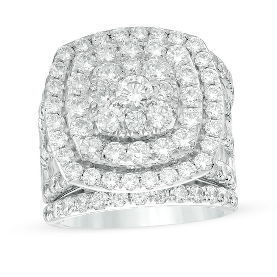 Previously Owned - 6 CT. T.w. Diamond Double Cushion Frame Multi-Row Three Piece Bridal Set in 14K White Gold