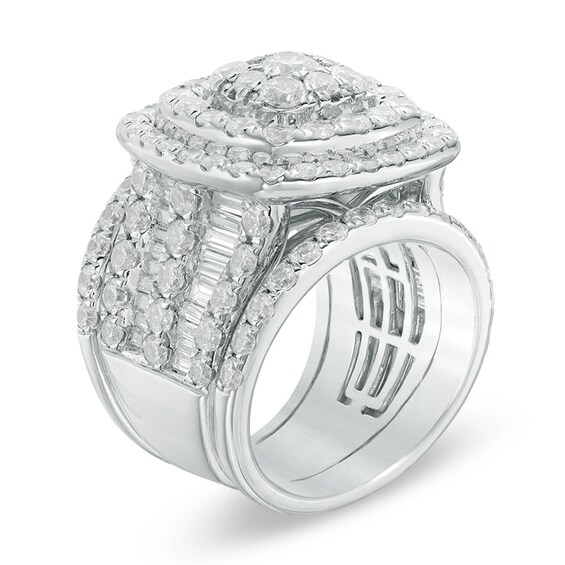 Previously Owned - 6 CT. T.w. Diamond Double Cushion Frame Multi-Row Three Piece Bridal Set in 14K White Gold