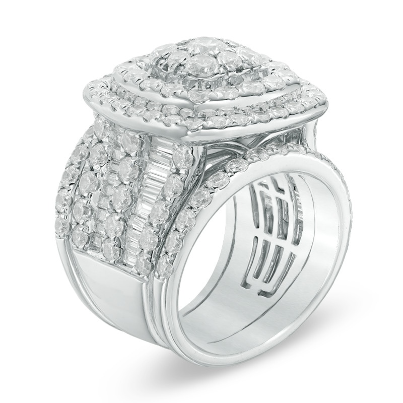 Main Image 2 of Previously Owned - 6 CT. T.W. Diamond Double Cushion Frame Multi-Row Three Piece Bridal Set in 14K White Gold