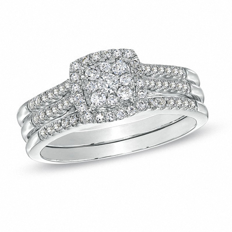 Main Image 1 of Previously Owned - 1/2 CT. T.W. Diamond Cluster Square Frame Three-Piece Bridal Set in 10K White Gold
