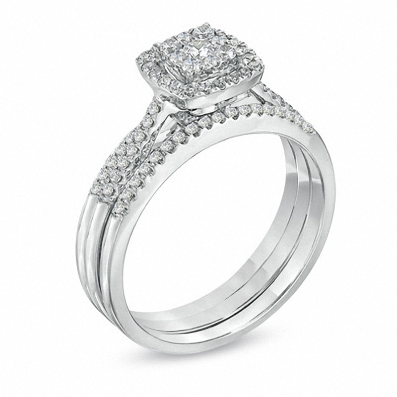 Main Image 2 of Previously Owned - 1/2 CT. T.W. Diamond Cluster Square Frame Three-Piece Bridal Set in 10K White Gold
