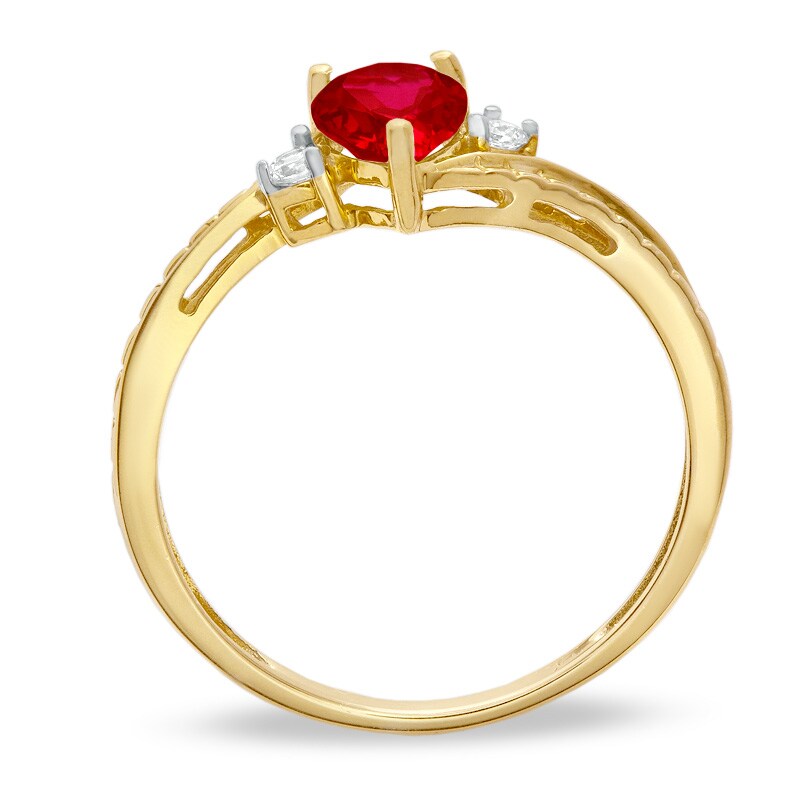 Main Image 2 of Previously Owned - Pear-Shaped Lab-Created Ruby and Diamond Accent Bypass Ring in 10K Gold