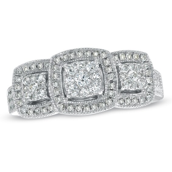 Previously Owned - 1/2 CT. T.w. Composite Diamond Three Stone Framed Engagement Ring in 10K White Gold