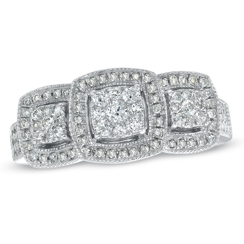 Main Image 1 of Previously Owned - 1/2 CT. T.W. Composite Diamond Three Stone Framed Engagement Ring in 10K White Gold