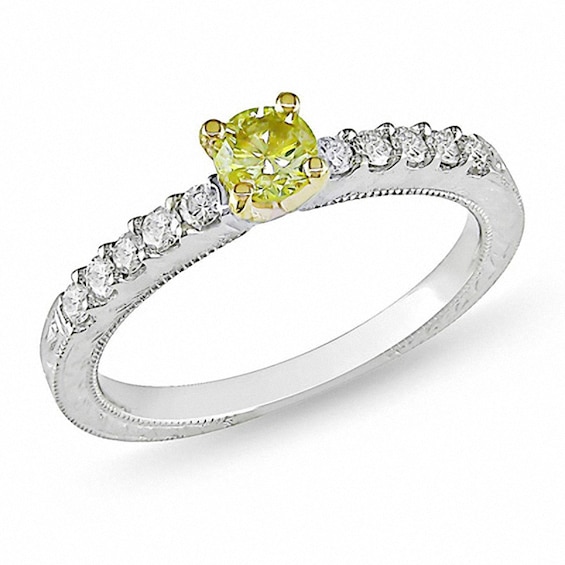 Previously Owned - 1/2 CT. T.w. Yellow and White Diamond Engagement Ring in 10K White Gold