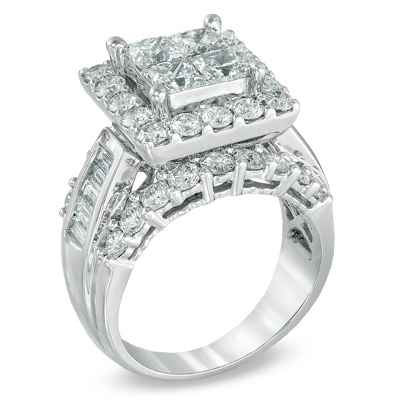 Previously Owned - 4 CT. T.w. Princess-Cut Quad Diamond Square Frame Engagement Ring in 14K White Gold