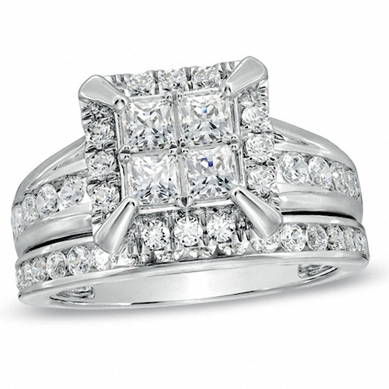 Previously Owned - 2 CT. T.w. Quad Princess-Cut Diamond Frame Bridal Set in 14K White Gold
