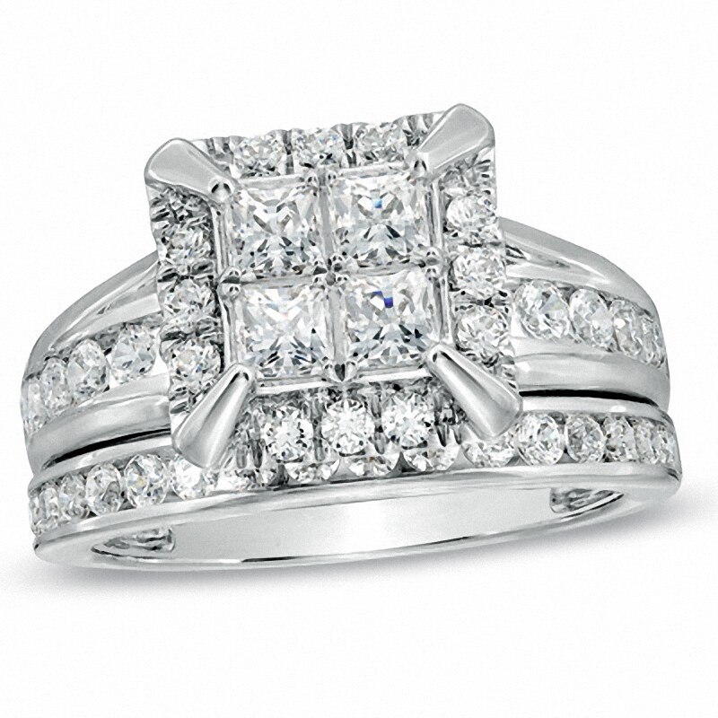 Main Image 1 of Previously Owned - 2 CT. T.W. Quad Princess-Cut Diamond Frame Bridal Set in 14K White Gold