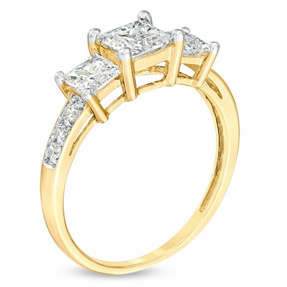 Previously Owned - Princess-Cut Lab-Created White Sapphire Three Stone Ring in 10K Gold