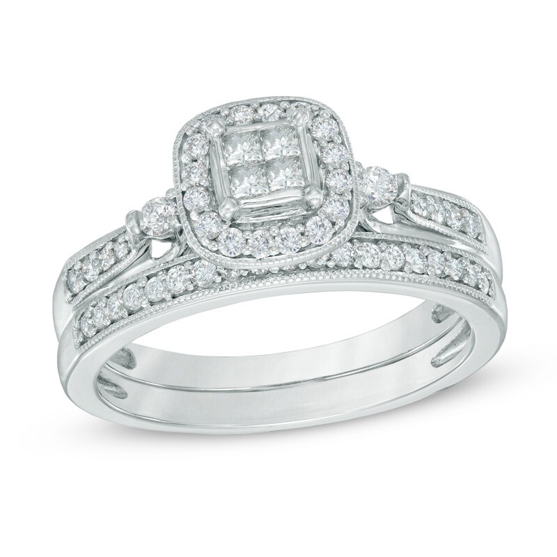 Main Image 1 of Previously Owned - 1/2 CT. T.W. Quad Princess-Cut Diamond Frame Vintage-Style Bridal Set in 10K White Gold