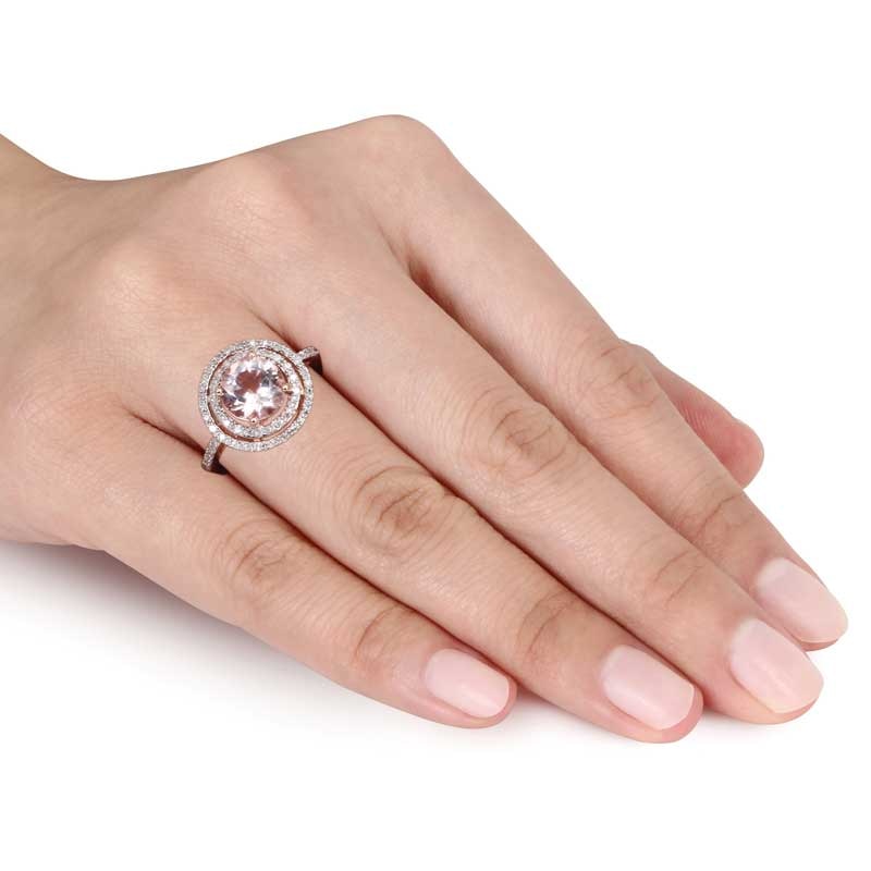 Main Image 3 of Previously Owned - 8.0mm Morganite and 1/4 CT. T.W. Diamond Double Frame Ring in 10K Rose Gold