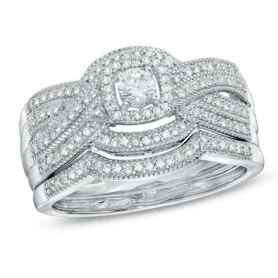 Previously Owned - 1/2 CT. T.w. Diamond Layered Vintage-Style Frame Bridal Set in 14K White Gold