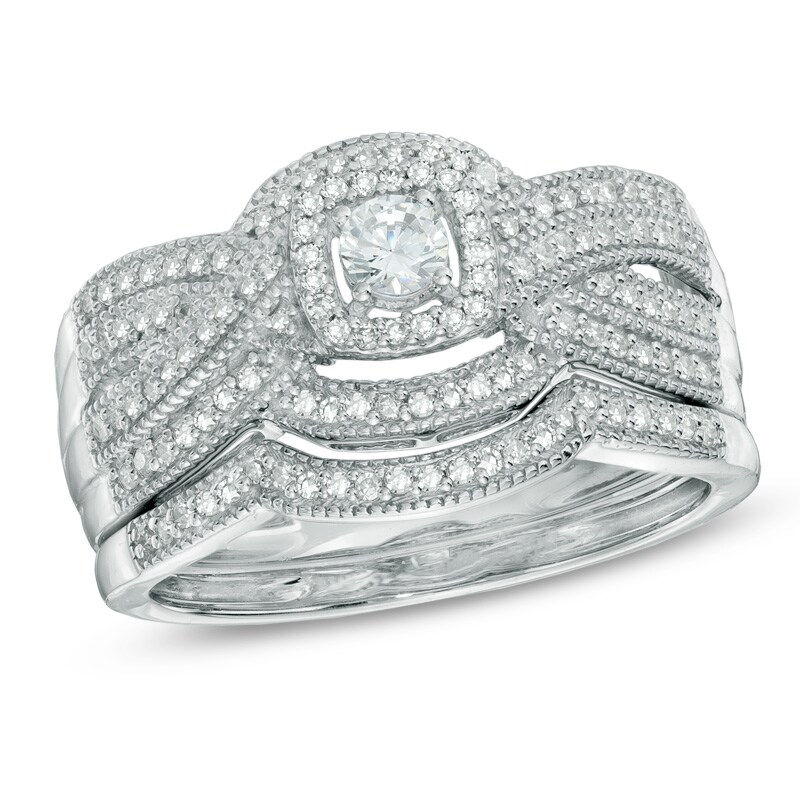 Main Image 1 of Previously Owned - 1/2 CT. T.W. Diamond Layered Vintage-Style Frame Bridal Set in 14K White Gold