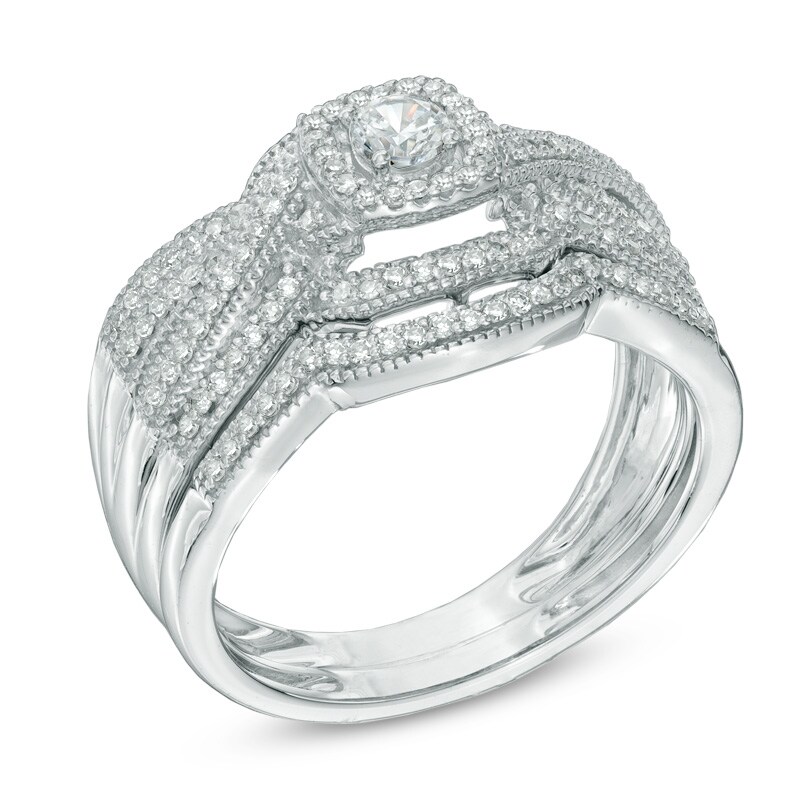 Main Image 2 of Previously Owned - 1/2 CT. T.W. Diamond Layered Vintage-Style Frame Bridal Set in 14K White Gold