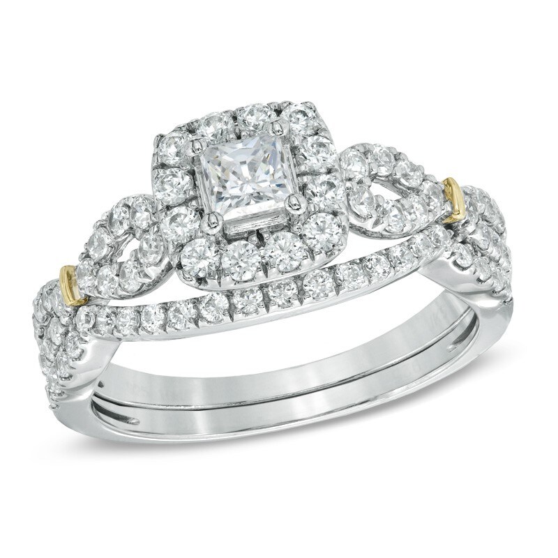 Main Image 1 of Previously Owned - Celebration Ideal 1 CT. T.W. Princess-Cut Diamond Frame Bridal Set in 14K White Gold (I/I1)