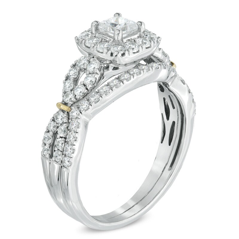 Main Image 2 of Previously Owned - Celebration Ideal 1 CT. T.W. Princess-Cut Diamond Frame Bridal Set in 14K White Gold (I/I1)