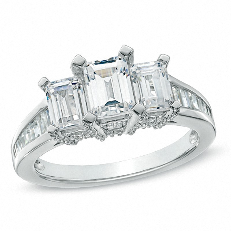 Previously Owned - 2 CT. T.W. Emerald-Cut Diamond Three Stone Ring in 14K White Gold (I/I1)