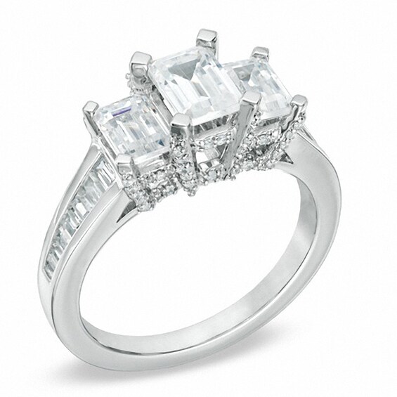 Previously Owned - 2 CT. T.w. Emerald-Cut Diamond Three Stone Ring in 14K White Gold (I/I1)