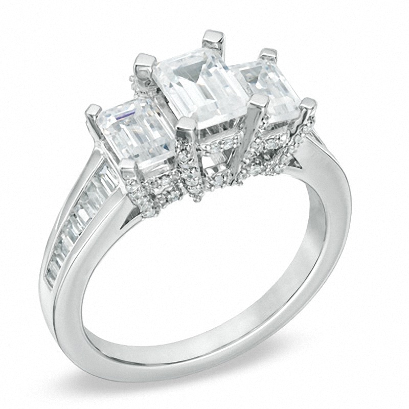 Previously Owned - 2 CT. T.W. Emerald-Cut Diamond Three Stone Ring in 14K White Gold (I/I1)