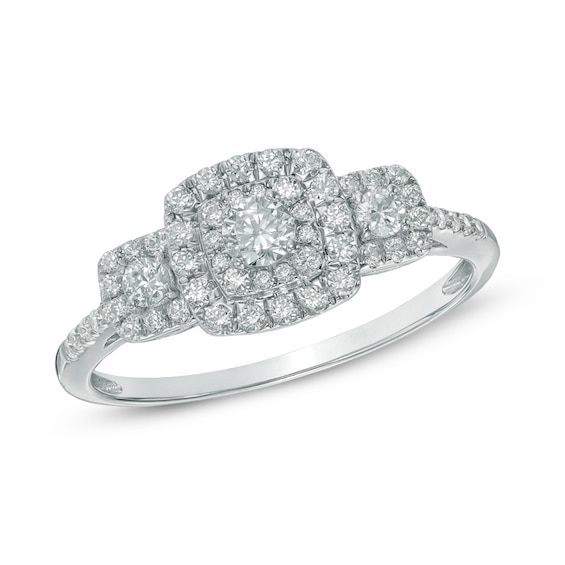 Previously Owned - 1/2 CT. T.w. Diamond Square Frame Three Stone Engagement Ring in 10K White Gold