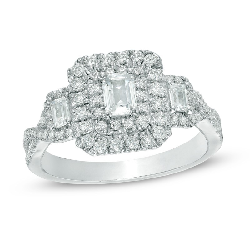 Main Image 1 of Previously Owned - 1 CT. T.W. Emerald-Cut Diamond Past Present Future® Engagement Ring in 14K White Gold (J/I1)