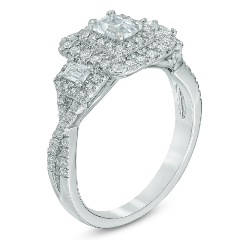 Main Image 2 of Previously Owned - 1 CT. T.W. Emerald-Cut Diamond Past Present Future® Engagement Ring in 14K White Gold (J/I1)